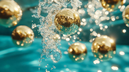A captivating scene of golden orbs floating in vibrant blue water, creating a tranquil and luxurious ambiance. Perfect for artistic and abstract themes.の素材