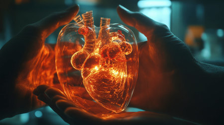 A captivating representation of a glowing heart model held in hands, symbolizing emotion and connection. Ideal for healthcare, science, and artistic themes.の素材