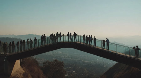 A scenic bridge with groups of people enjoying the urban landscape, capturing a moment of connection and exploration amidst a vibrant sunset backdrop.の素材