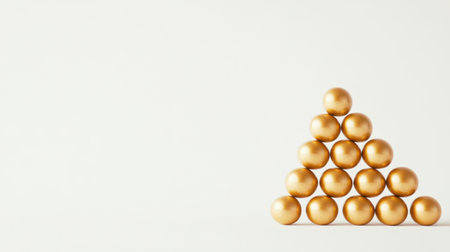 A collection of shiny golden balls arranged in a triangular formation against a soft white background, evoking elegance and minimalistic design.の素材