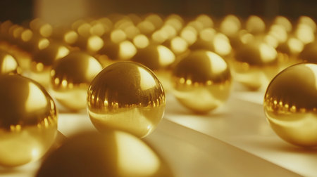 A mesmerizing arrangement of golden spheres reflecting light, showcasing elegance and luxury. Ideal for backgrounds, designs, and creative projects.の素材