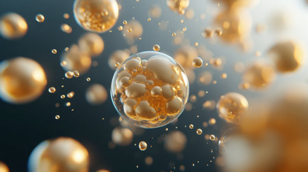 A close-up view of golden bubbles floating in a dark space, showcasing the beauty of liquid textures and light reflections. Perfect for abstract themes.の素材