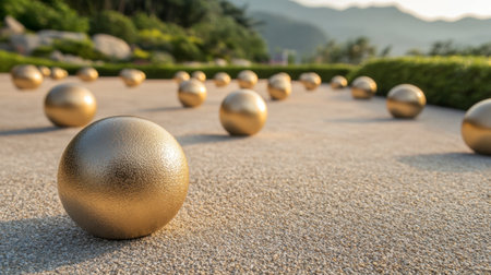 A serene outdoor scene featuring golden balls scattered on a textured pathway, reflecting gentle sunlight, creating a tranquil and elegant atmosphere.の素材