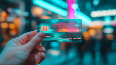 A close-up view of a hand holding a modern credit card against a vibrant urban backdrop, illustrating the intersection of technology and finance in daily life.の素材