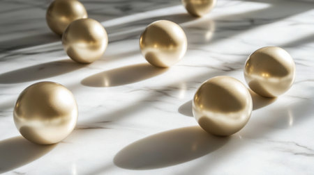 A serene arrangement of golden spheres on a marble surface, illuminated by soft light, creating an elegant and modern aesthetic suitable for various design themes.の素材