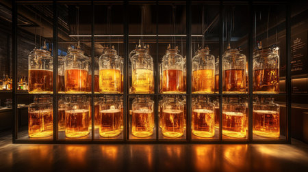 Captivating display of amber beverages in glass jars showcasing the brewing process, combining modern aesthetics with traditional craft techniques.の素材