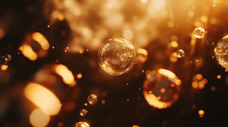A stunning image of glowing bubbles floating in warm light, creating a magical and dreamy atmosphere. Perfect for abstract designs and festive themes.の素材