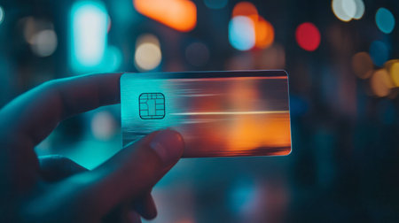 A close-up view of a hand holding a sleek metallic card in a vibrant urban setting at night, showcasing modern technology and contemporary lifestyle.の素材