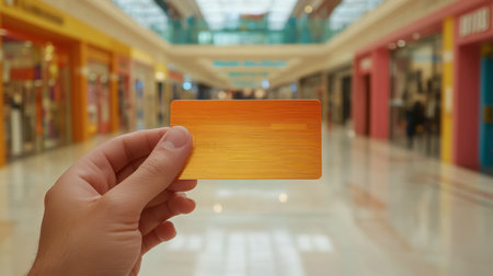 A close-up of a hand holding an orange card in a spacious shopping mall. The setting captures a modern retail environment with vibrant architecture.の素材