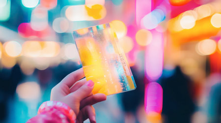 A hand holds a colorful credit card against a vibrant urban backdrop filled with bright lights and bokeh, symbolizing modern consumer experiences.の素材
