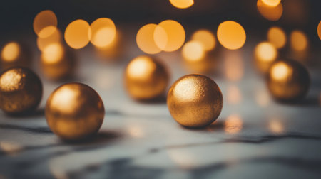 A captivating arrangement of golden orbs on a reflective surface, enhanced by a warm bokeh background, creating a festive and elegant atmosphere.の素材