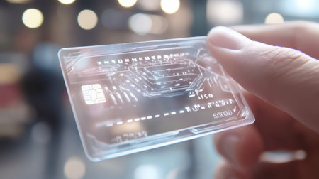 A close-up of a transparent card held in hand, featuring advanced technology elements. The blurred urban backdrop adds a modern touch to the scene.の素材