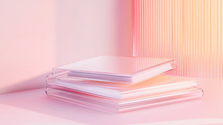 A serene arrangement of minimalist notebooks on a soft pink background, perfect for inspiring creativity and enhancing any workspace or study area.の素材