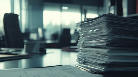A close-up view of stacked documents on a desk in a modern office. The background features soft lighting and contemporary office furniture, evoking a professional ambiance.の素材