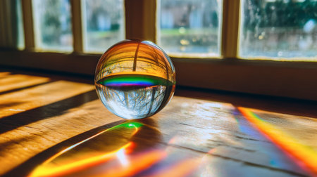 A crystal ball captures colorful reflections and light patterns on a wooden surface, creating a stunning display of rainbow hues and natural beauty indoors.の素材
