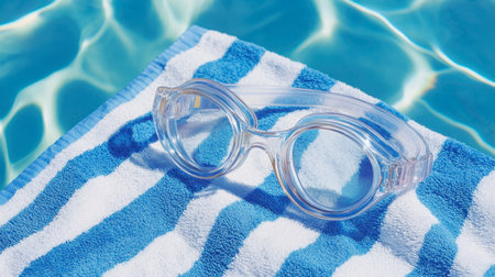 A pair of clear swimming goggles rests on a blue and white towel beside a shimmering pool, perfect for summer fun and leisure activities.の素材
