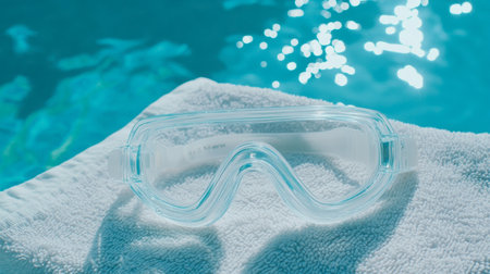 A pair of clear swimming goggles rests on a fluffy towel by a shimmering pool, embodying relaxation and summer fun in a serene aquatic environment.の素材