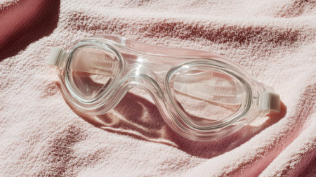 A pair of clear swim goggles rests on a soft towel, ready for a fun day at the pool or beach. Perfect for enjoying water activities and ensuring eye protection.の素材