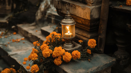 A beautiful vintage lantern illuminated among vibrant marigold flowers. This serene setting evokes warmth and tranquility, perfect for enhancing any peaceful atmosphere.の素材