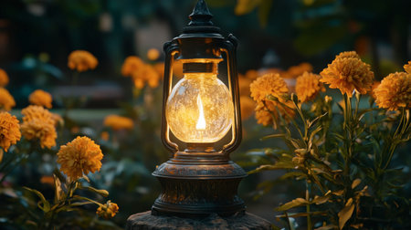 A vintage lantern emits a warm glow surrounded by vibrant marigold flowers, creating a serene atmosphere ideal for outdoor decoration or garden settings.の素材