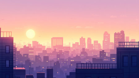 A vibrant sunset casts warm hues over a city skyline, creating a serene atmosphere. This digital illustration captures the beauty of urban life at dusk.の素材