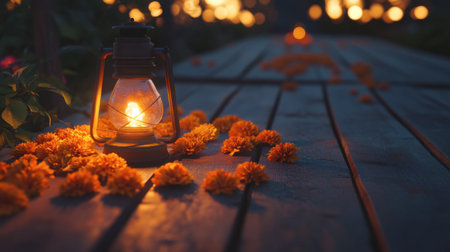 A warm lantern casting a soft glow beside vibrant orange flowers on a wooden surface, creating an inviting atmosphere perfect for evening gatherings.の素材