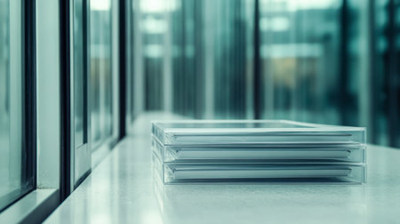 A stack of clear cases rests on a white counter in a contemporary indoor space, showcasing a minimalist design and elegant simplicity.の素材
