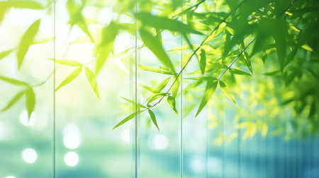 A serene image featuring lush green bamboo leaves illuminated by soft light. This natural scene conveys tranquility and freshness, perfect for wellness themes.の素材