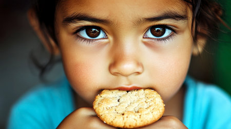 A charming close-up of a child with deep brown eyes savoring a cookie. The image captures innocence and joy, making it perfect for themes of childhood and food.の素材