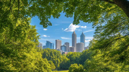A beautiful city skyline framed by lush green foliage under a blue sky. Perfect for showcasing the harmony between urban and natural landscapes.の素材
