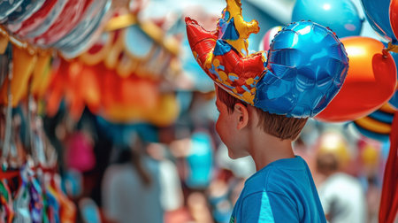 A joyful child wearing a colorful hat stands amidst vibrant balloons at a festive event, capturing the essence of childhood happiness and celebration.の素材