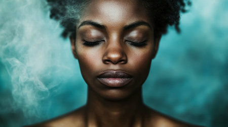A serene portrait featuring a woman with closed eyes surrounded by soft smoke. The image captures tranquility, beauty, and inner peace, showcasing natural features.の素材