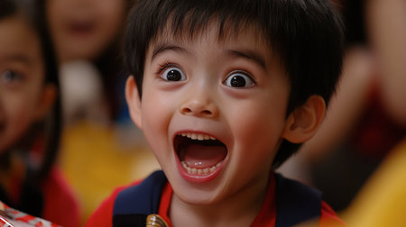 A smiling child radiates joy and excitement in a vibrant setting, capturing pure happiness and youthful energy. Perfect for themes of childhood and delight.の素材