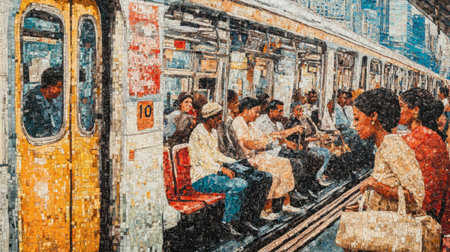 A vibrant subway scene captures diverse commuters engaged in their daily routine, showcasing urban life and the dynamic energy of city travel in an artistic mosaic style.の素材