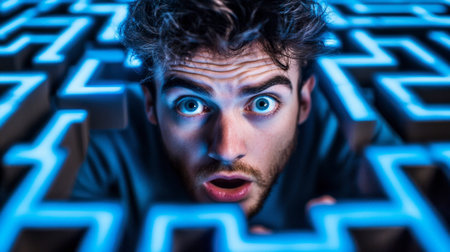A young man looks surprised while navigating a glowing blue maze. The vibrant lighting creates an engaging atmosphere, capturing emotion and intrigue in an imaginative setting.の素材
