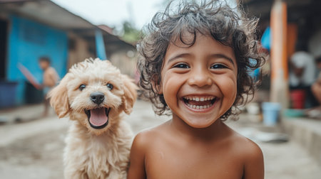 A joyful child grins widely while standing beside a playful puppy in an outdoor setting, capturing a moment of innocence, friendship, and sheer happiness.の素材