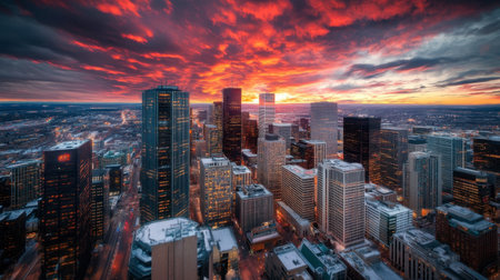 A breathtaking view of a city skyline during sunset, showcasing vibrant colors and dramatic clouds. This stunning urban landscape captures the essence of a chilly evening in winter.の素材