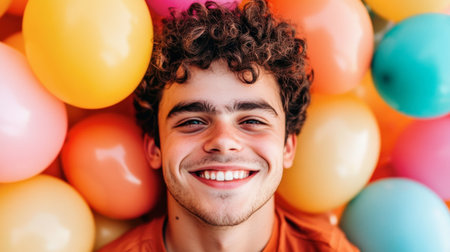 A cheerful young man smiles brightly, nestled among a sea of colorful balloons, capturing the essence of joy and celebration in a vibrant setting.の素材