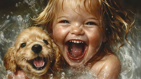 A joyful child and a playful puppy share a warm moment splashing in water, embodying pure happiness and the innocence of childhood joy.の素材