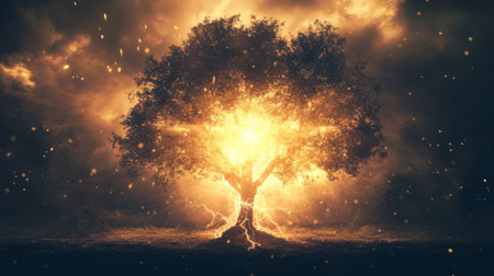 A stunning tree with a surreal glow radiates energy amidst a dark stormy background. This captivating image evokes a sense of magic and tranquility, perfect for artistic themes.の素材