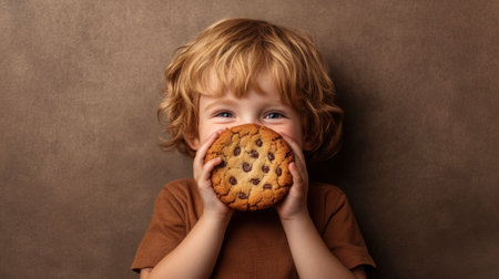 A joyful child holds a large chocolate chip cookie, radiating happiness. The warm background enhances this delightful moment, perfect for evoking feelings of childhood and sweetness.の素材