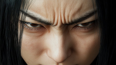 A dramatic close-up portrait showcasing intense emotion. The subject displays furrowed brows and a steady gaze, evoking feelings of anger and tension.の素材