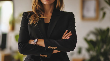 A confident businesswoman stands with arms crossed in an elegant office setting, exuding professionalism and determination. Perfect for themes of leadership and ambition.の素材