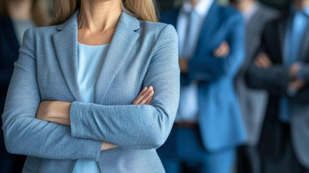 A confident businesswoman stands in a corporate environment, arms crossed, showcasing leadership and professionalism, with colleagues visible in the background.の素材