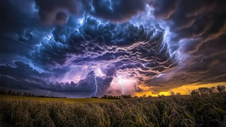 A breathtaking display of a storm with dramatic lightning illuminating dark clouds. A rural field accentuates the vibrant colors of nature's fierce power.の素材
