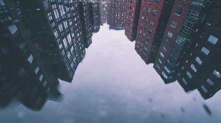 A stunning reflection of urban buildings in calm water, showcasing modern architecture and a serene atmosphere, perfect for city landscape photography.の素材