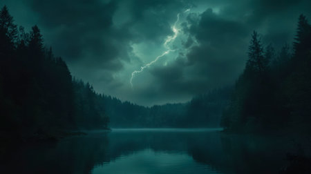 A dramatic scene featuring a stormy sky illuminated by lightning over a calm lake, surrounded by dense forests, evoking a mysterious and tranquil atmosphere.の素材