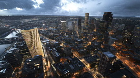Captivating aerial view of a modern cityscape at dusk showcasing illuminated buildings, a winding river, and dramatic clouds. The urban landscape shines beautifully as night falls.の素材