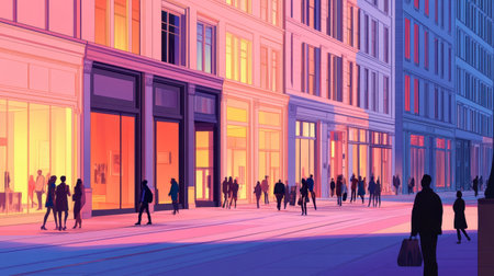 A vibrant urban scene during twilight featuring people walking through a colorful streetscape. The warm lights and silhouettes create an inviting atmosphere.の素材