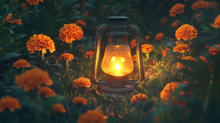 A beautiful vintage lantern emits a warm glow amidst vibrant orange flowers, creating a serene atmosphere perfect for evening relaxation.の素材